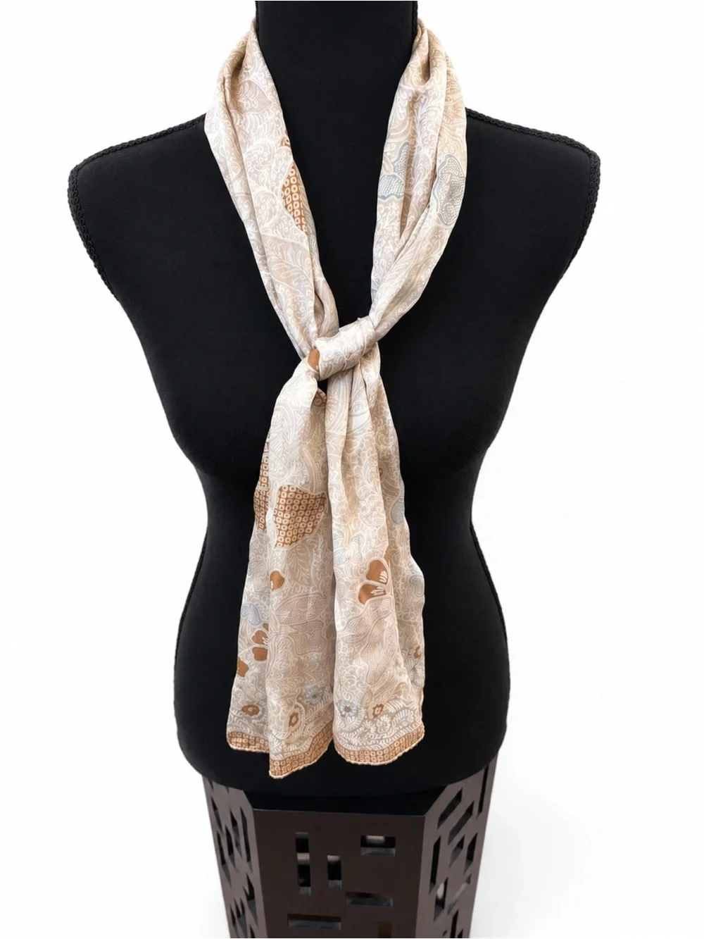 Liz Claiborne 100% Silk Floral Paisley Scarf Beige Brown Oblong Lightweight